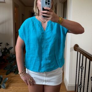 Tahari blue linen tunic blouse